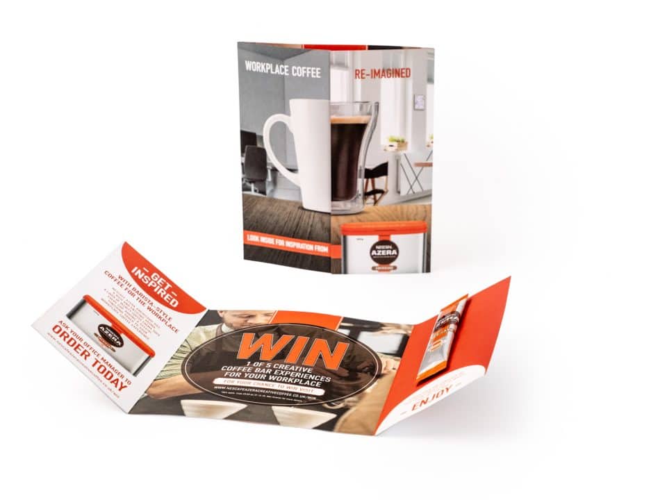 Tri-fold pamphlet and brochure showcasing the NESCAFE workplace coffee promotion, complete with rich coffee imagery and an exciting contest announcement.