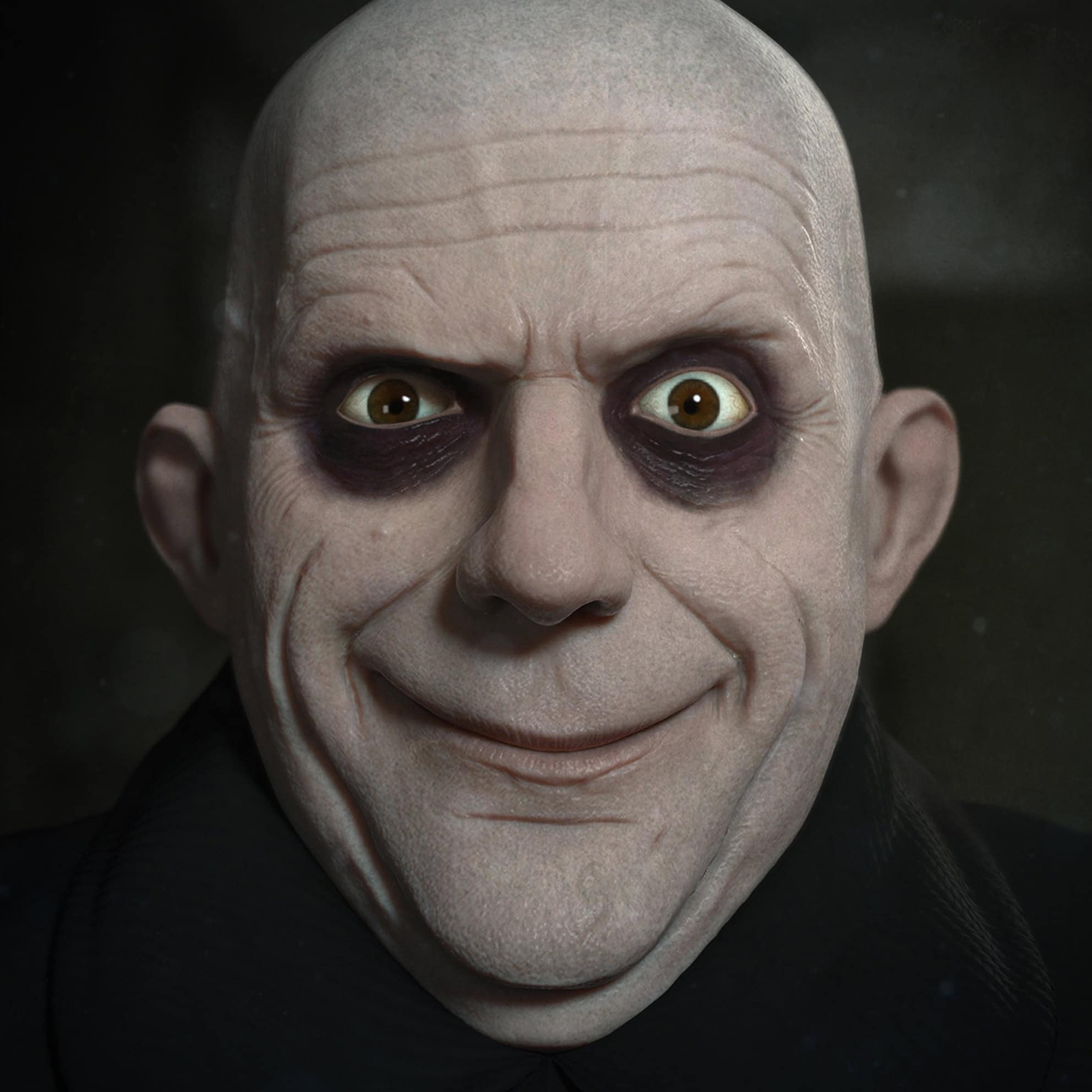 Bald man with dark eye circles, wide eyes, and a mischievous smile, wearing dark clothing, reminiscent of a character from The Print 4 Team's intriguing universe.