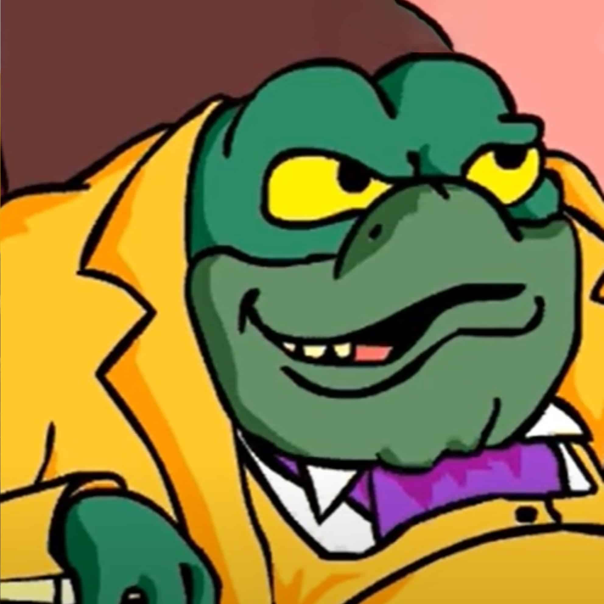 A green animated toad from The Print 4 Team sports a yellow suit and purple tie, smiling slyly against a pink backdrop.